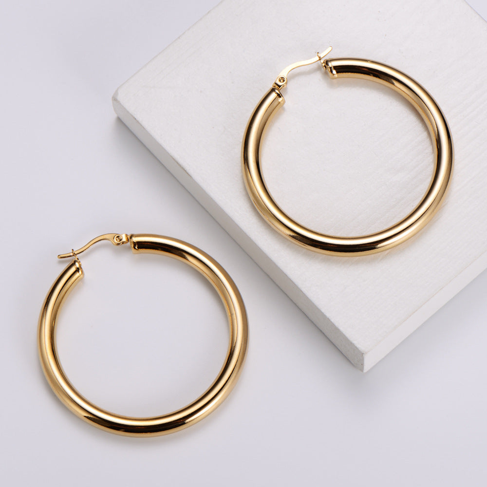 Simple Stainless Steel Polished Plating 18k Gold Thick Round Line Hollow Big Hoop Earrings