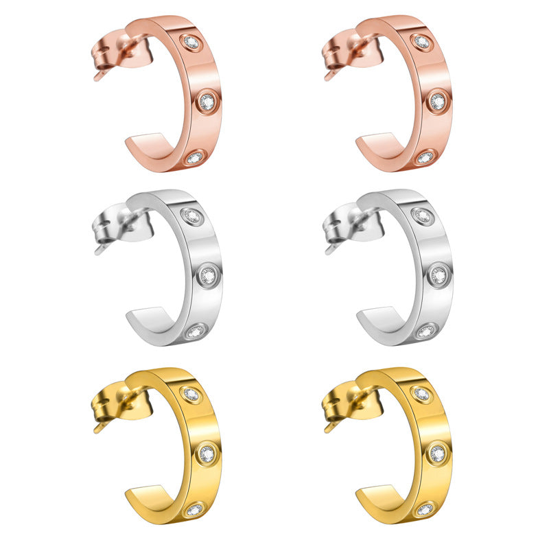 C Shape Stainless Steel Zircon Stud Earrings with 18K Gold Plating