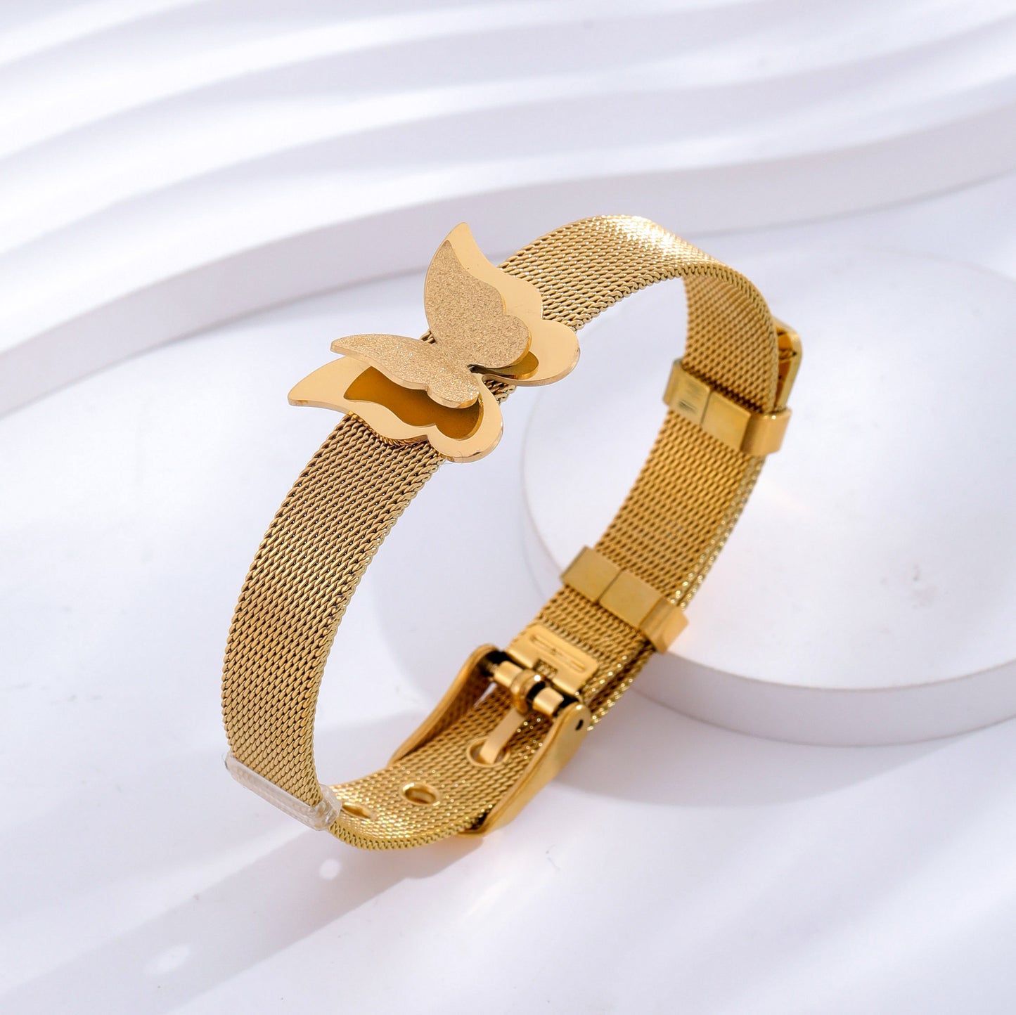 Elegant Four Leaf Clover Butterfly Titanium Steel 24K Gold Plated Bangle Bracelet