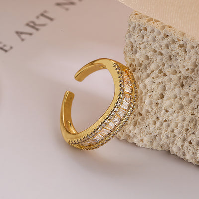 Simple Style Commute Cross Rectangle Copper Plating Inlay Zircon 18K Gold Plated Open Rings