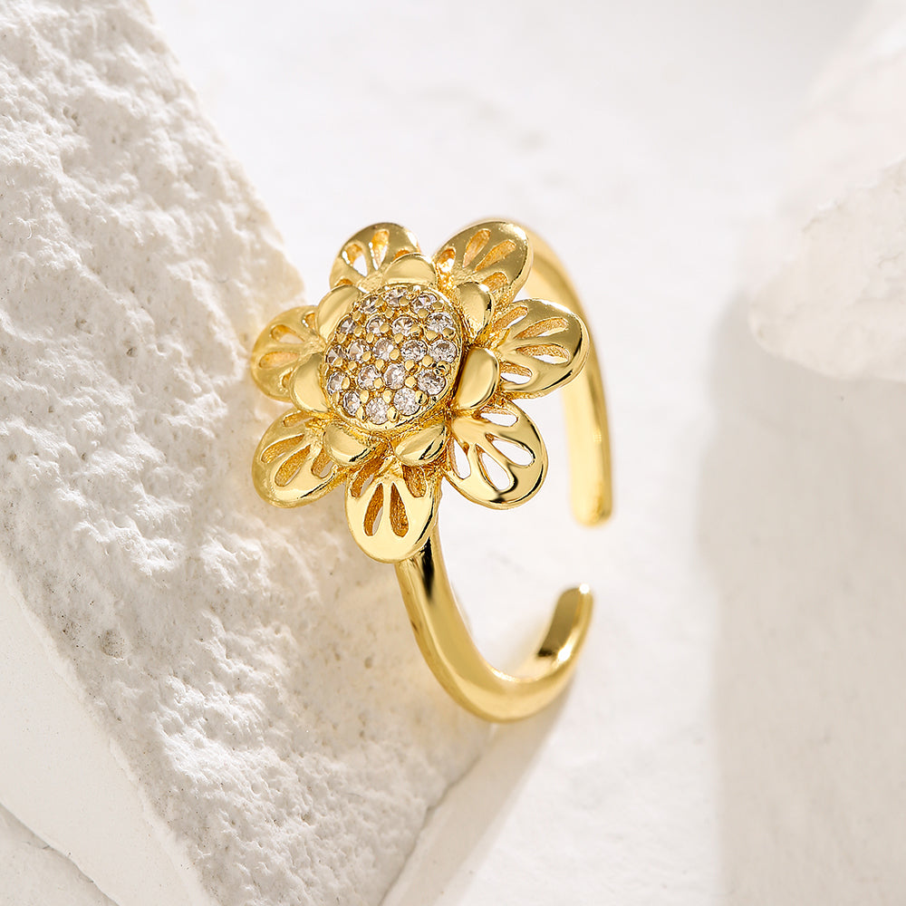 Minimalist Geometric Flower Zircon Open Ring in 18K Gold Plated Copper