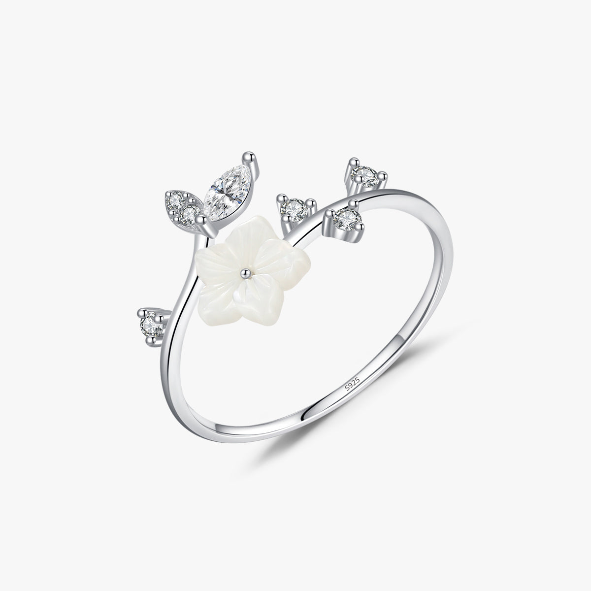 Simple Style Flower Leaf Sterling Silver Adjustable Ring with Shell Inlay