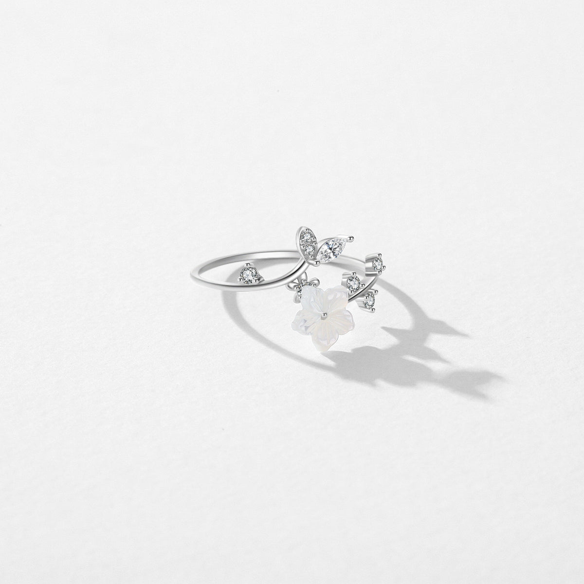 Simple Style Flower Leaf Sterling Silver Adjustable Ring with Shell Inlay