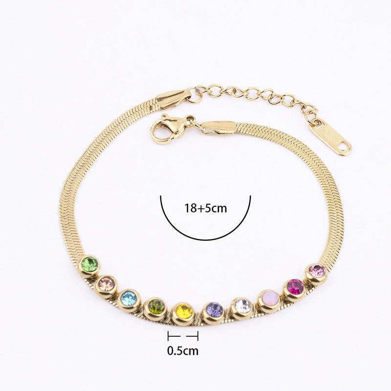 Simple Geometric Zircon Inlay Titanium Steel Bracelet with Gold Plated Snake Chain Design