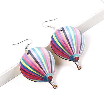 Bohemian Vintage Hot Air Balloon Wood Print Women's Drop Earrings