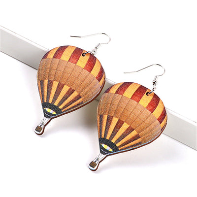 Bohemian Vintage Hot Air Balloon Wood Print Women's Drop Earrings