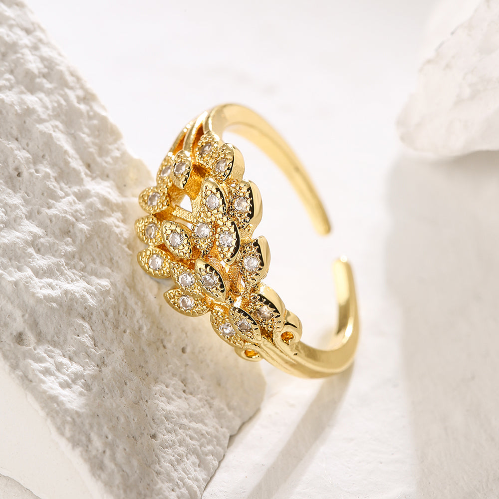 Minimalist Leaf Flower 18K Gold Plated Zircon Open Ring