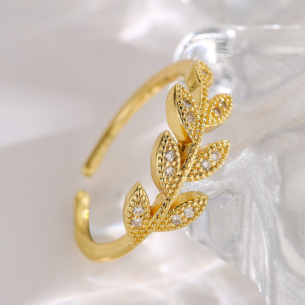 Minimalist Leaf Flower 18K Gold Plated Zircon Open Ring