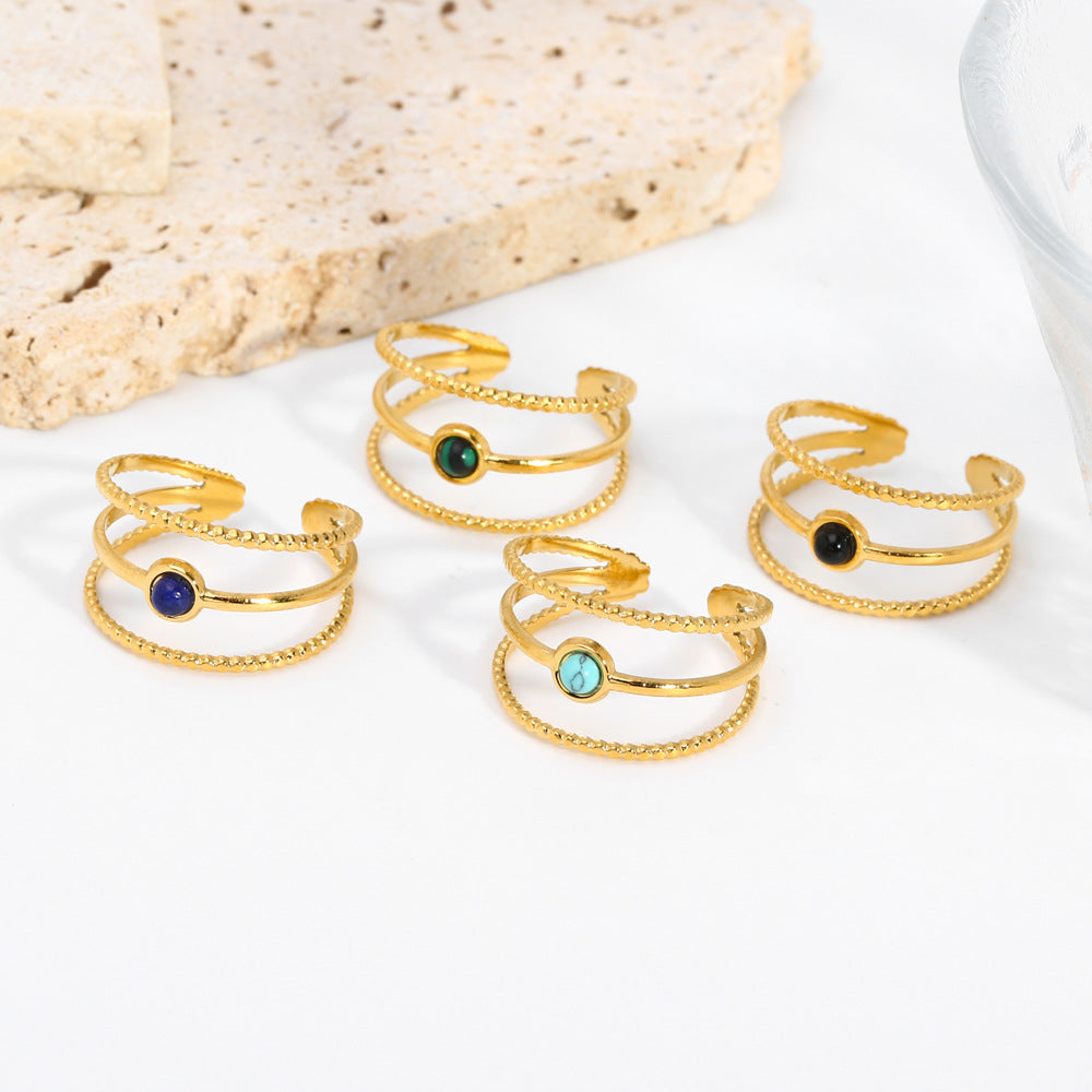 Simple Style Vintage Natural Stone 18k Gold Stainless Steel Open Ring