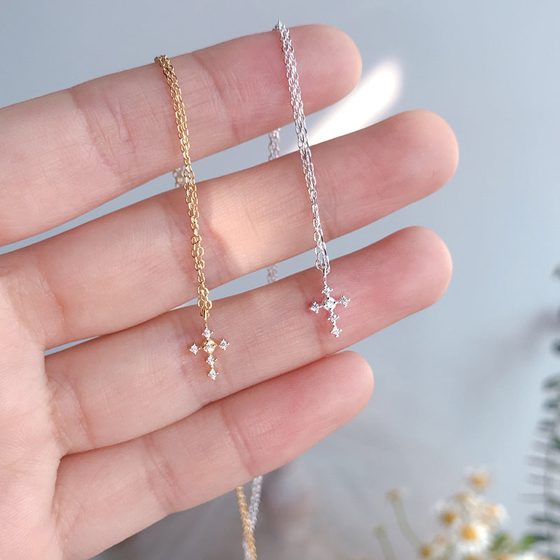 Minimalist Sterling Silver Zircon Cross Pendant Necklace 14k Gold Plated