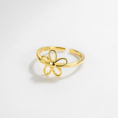 Simple Sterling Silver Openwork Flower Adjustable Ring for Women