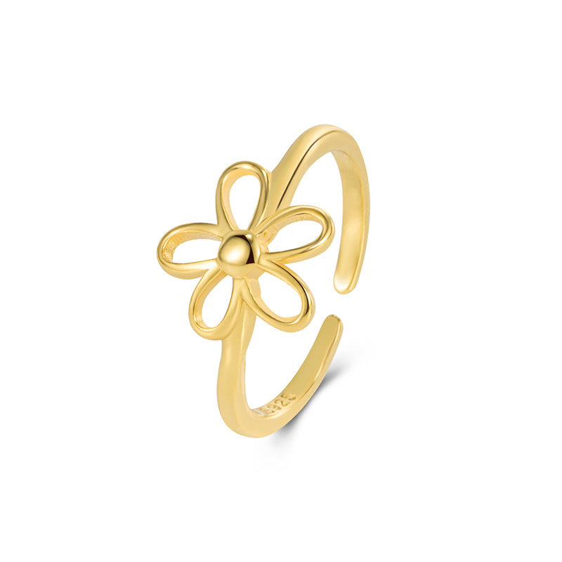 Simple Sterling Silver Openwork Flower Adjustable Ring for Women