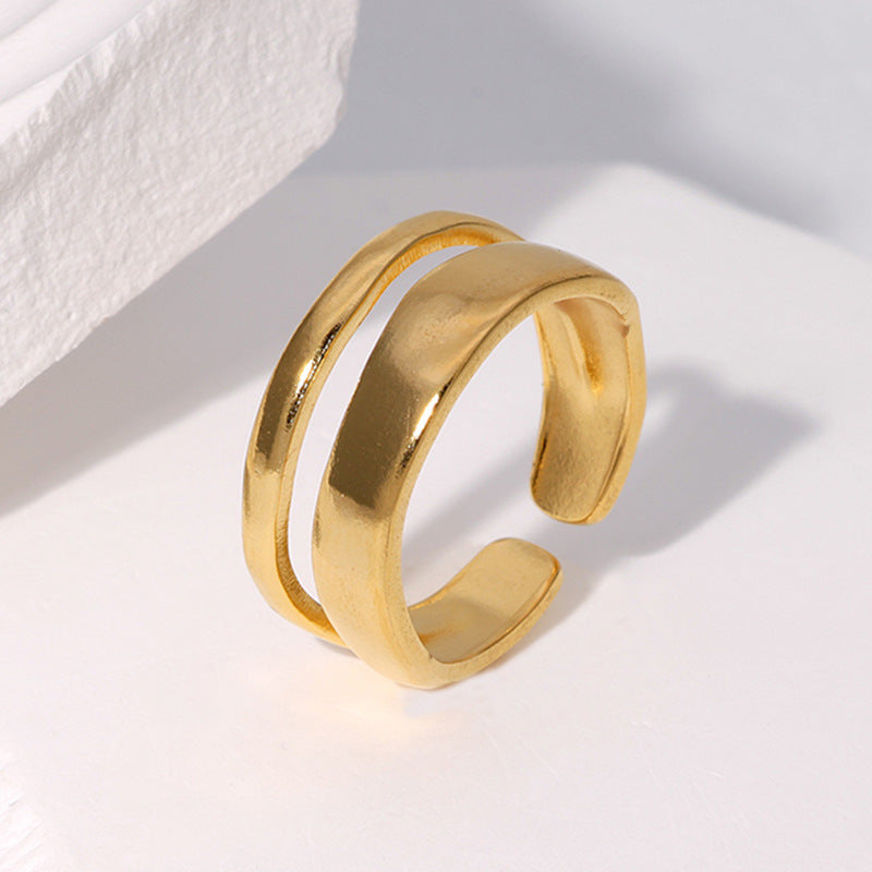 Minimalist Geometric Double Layer Open Stainless Steel Ring - 18k Gold Plated Titanium Steel Design for Women