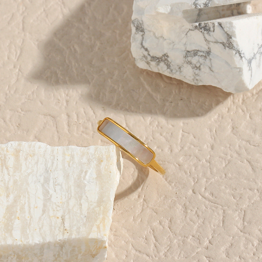 Minimalist Geometric Stainless Steel Pearl Shell Ring