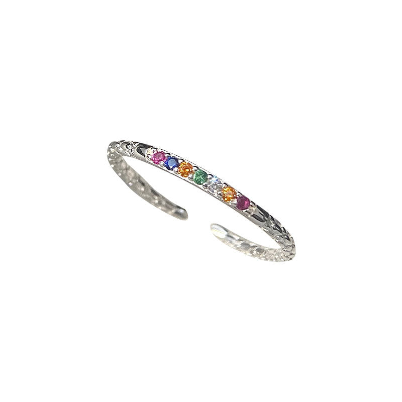 Geometric Sterling Silver Zircon Open Ring with Rainbow Design