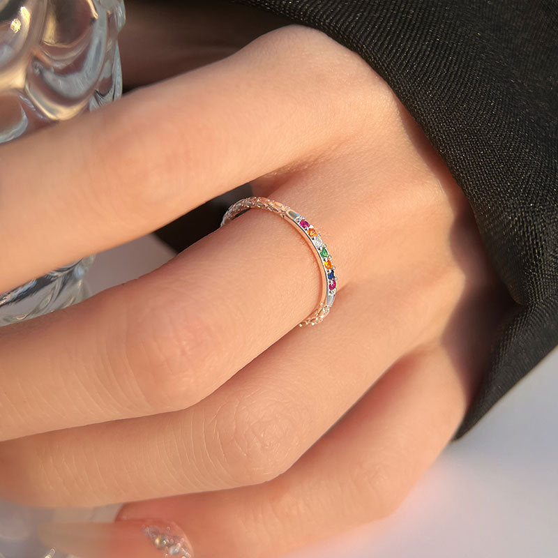 Geometric Sterling Silver Zircon Open Ring with Rainbow Design