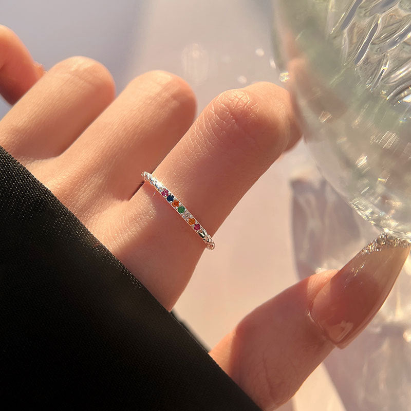 Geometric Sterling Silver Zircon Open Ring with Rainbow Design