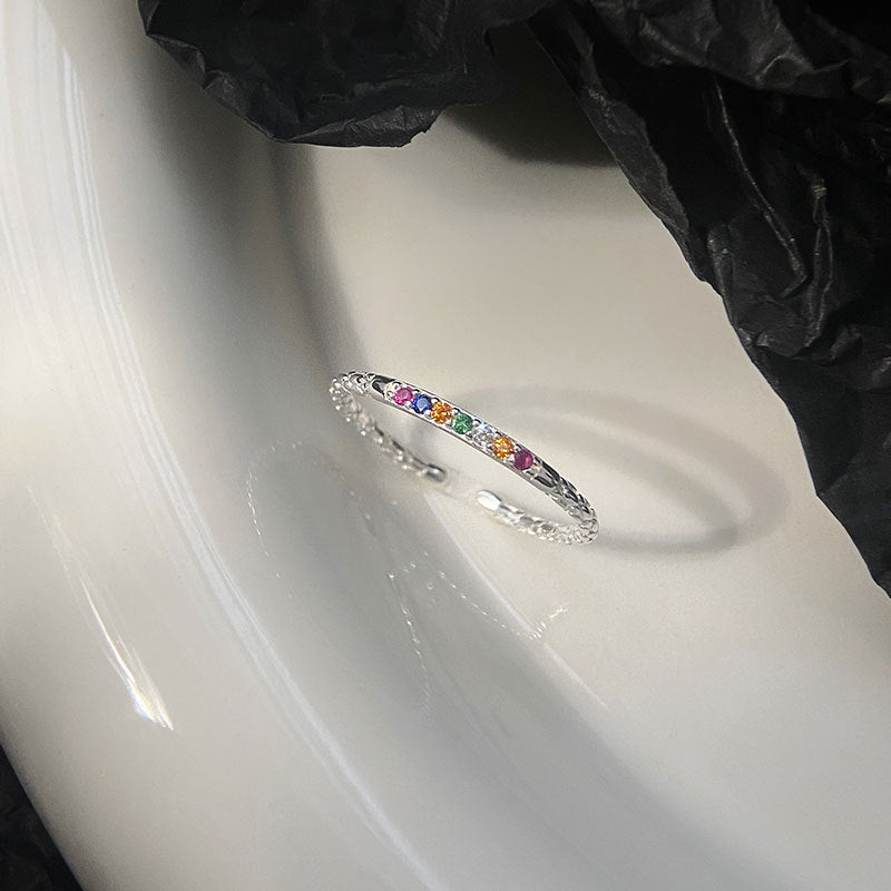 Geometric Sterling Silver Zircon Open Ring with Rainbow Design