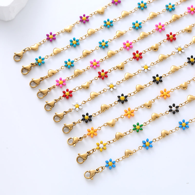 Simple Heart Flower Enamel Gold Plated Stainless Steel Bracelet