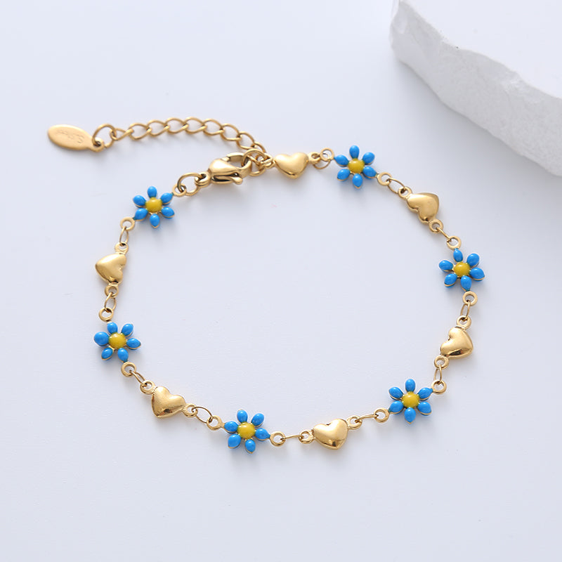 Simple Heart Flower Enamel Gold Plated Stainless Steel Bracelet