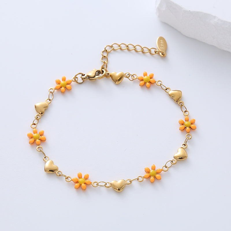 Simple Heart Flower Enamel Gold Plated Stainless Steel Bracelet