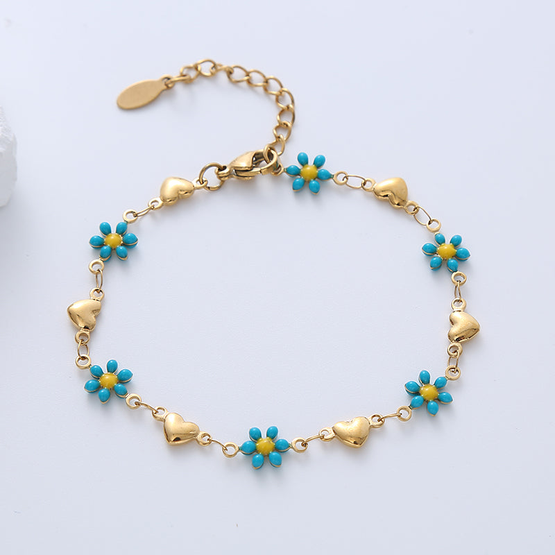 Simple Heart Flower Enamel Gold Plated Stainless Steel Bracelet