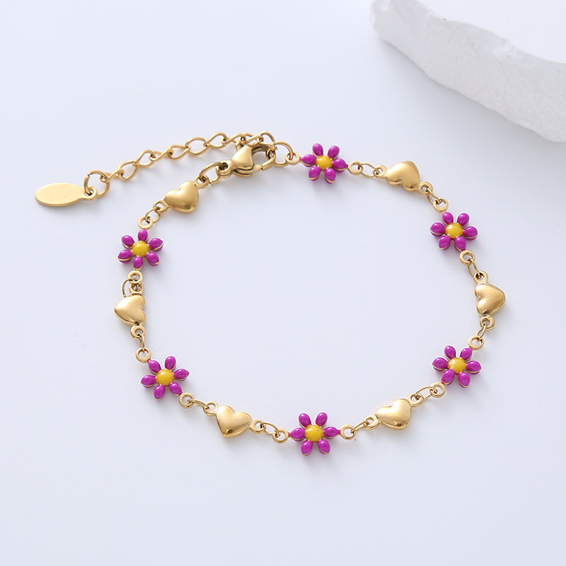 Simple Heart Flower Enamel Gold Plated Stainless Steel Bracelet