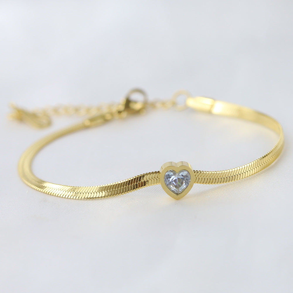 14k Gold Plated Heart Shape Zirconia Snake Chain Bracelet for Women