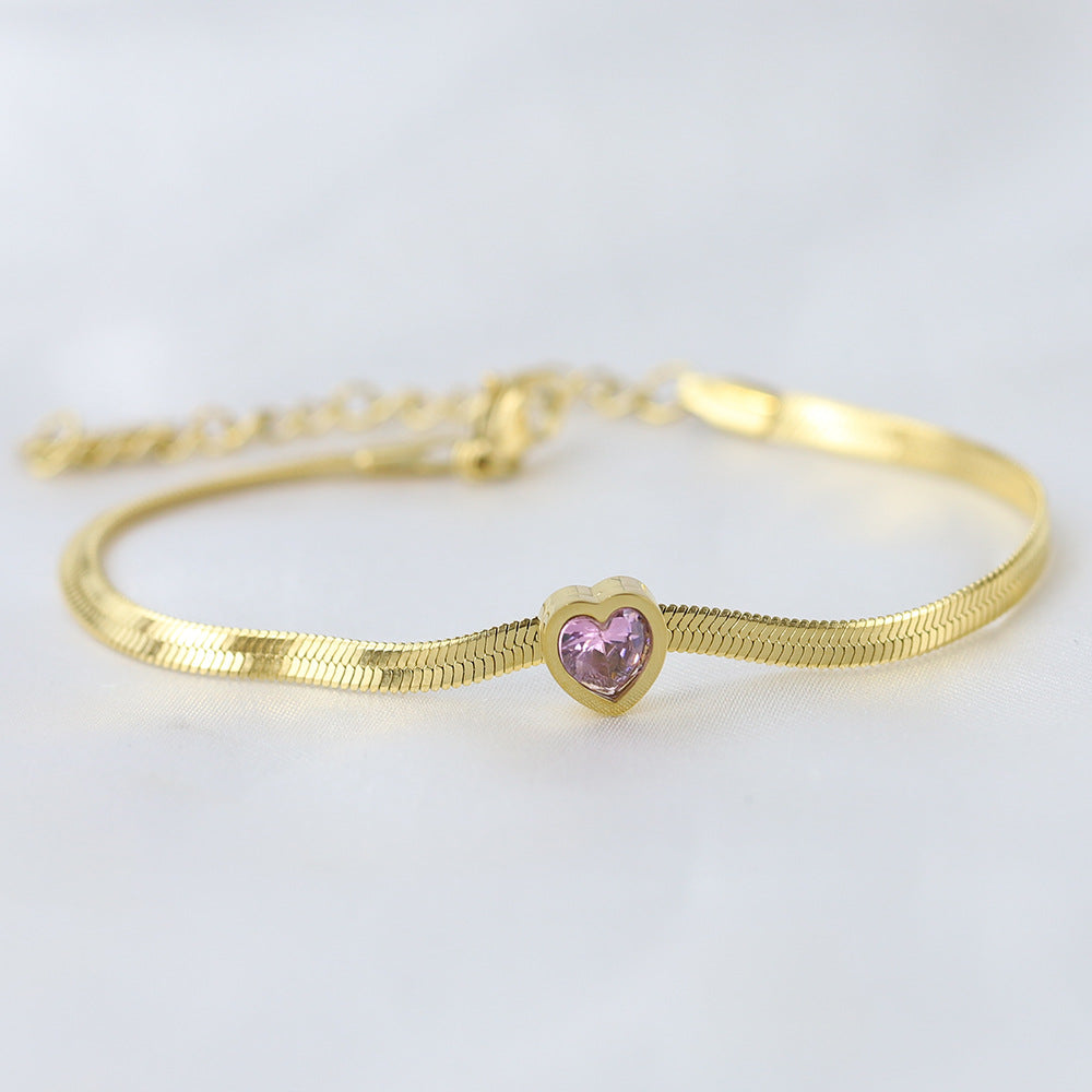 14k Gold Plated Heart Shape Zirconia Snake Chain Bracelet for Women