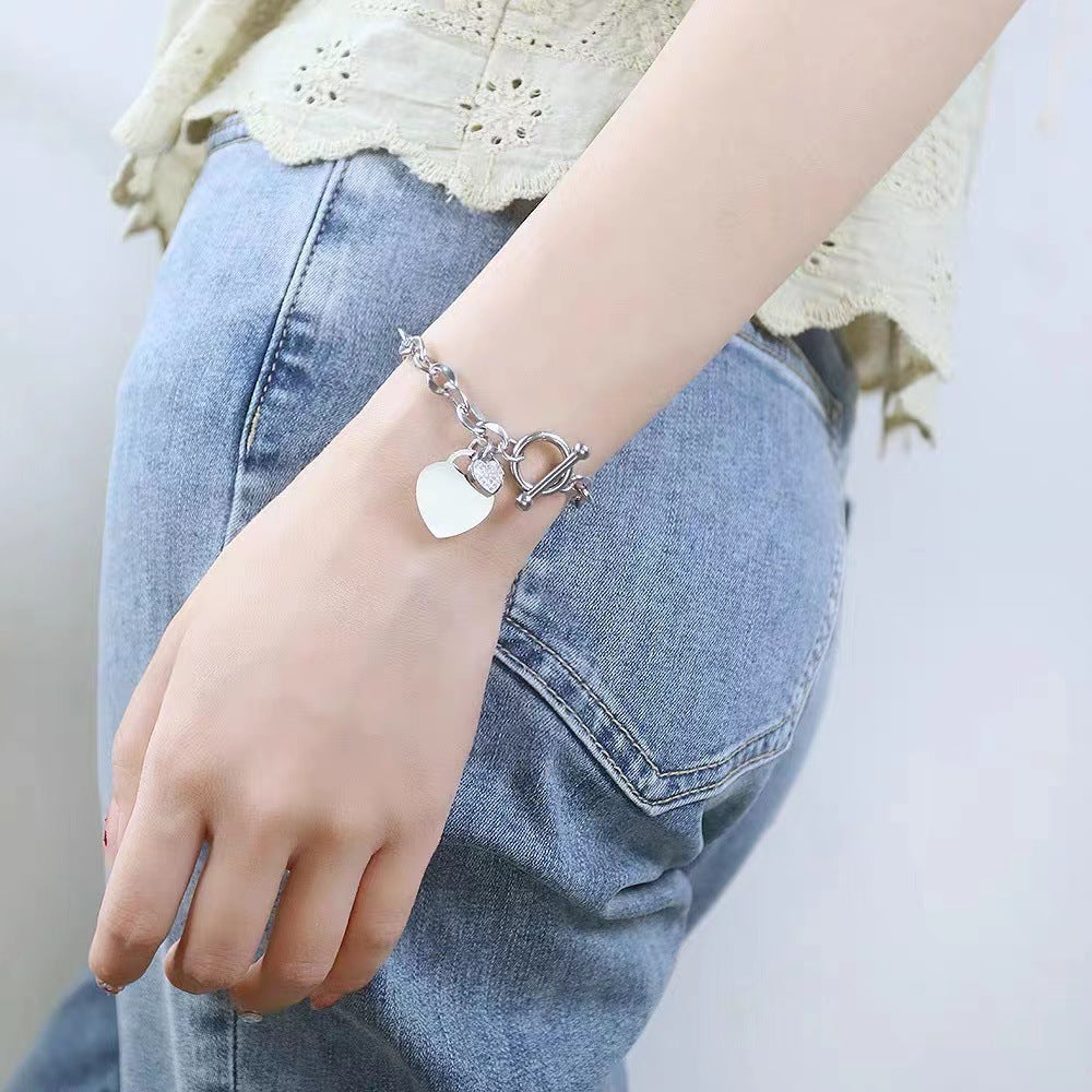 Simple Heart Shape Titanium Steel Zircon Inlay Bracelet for Women