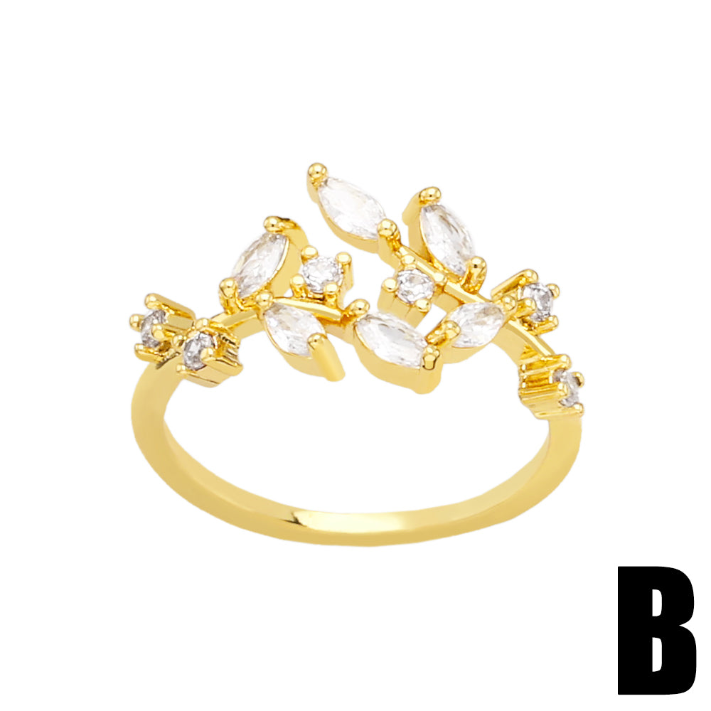 Simple Geometric Leaf Design Gold Plated Zircon Open Ring