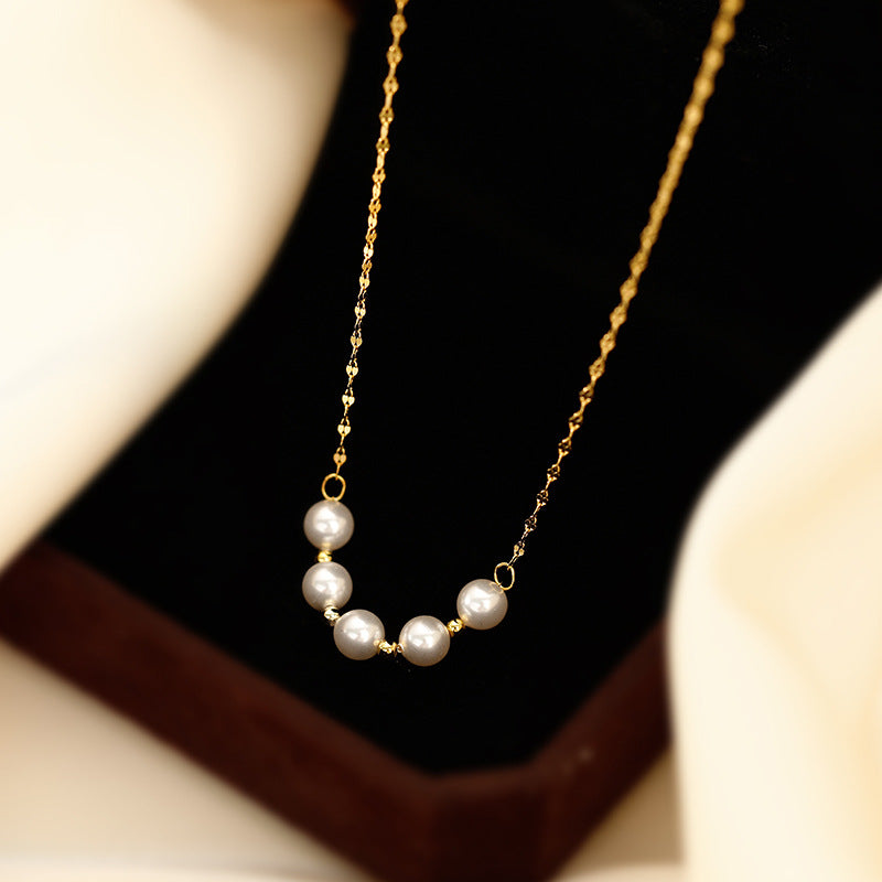 Simple Korean Round Imitation Pearl 18K Gold Plated Titanium Steel Necklace