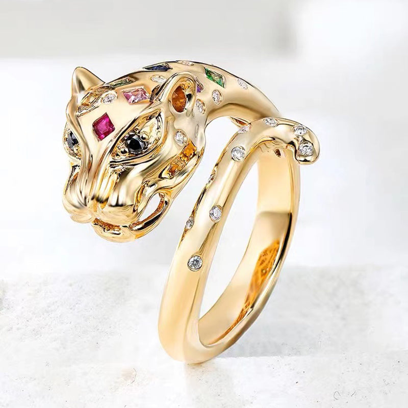 Simple Style Leopard Head Gemstone Inlay Gold Plated Open Ring