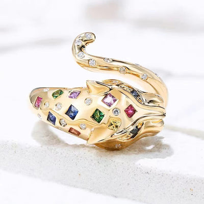 Simple Style Leopard Head Gemstone Inlay Gold Plated Open Ring