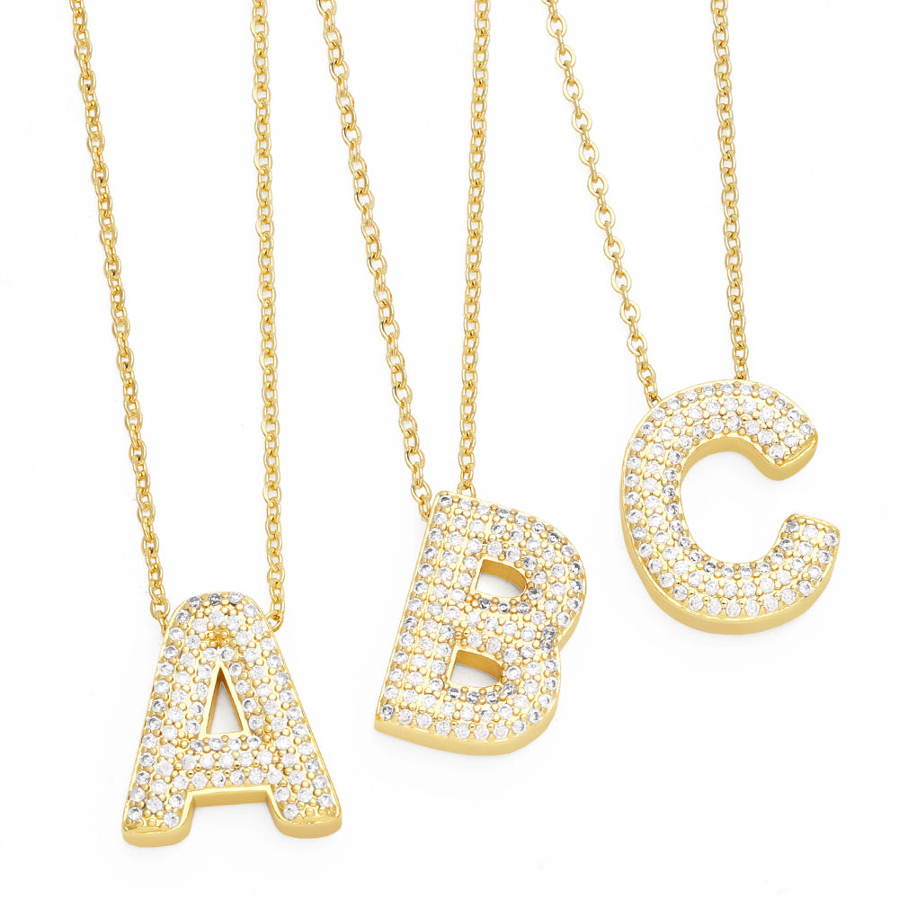 Simple Style 18K Gold Plated Alphabet Pendant Necklace with Zircon Inlay