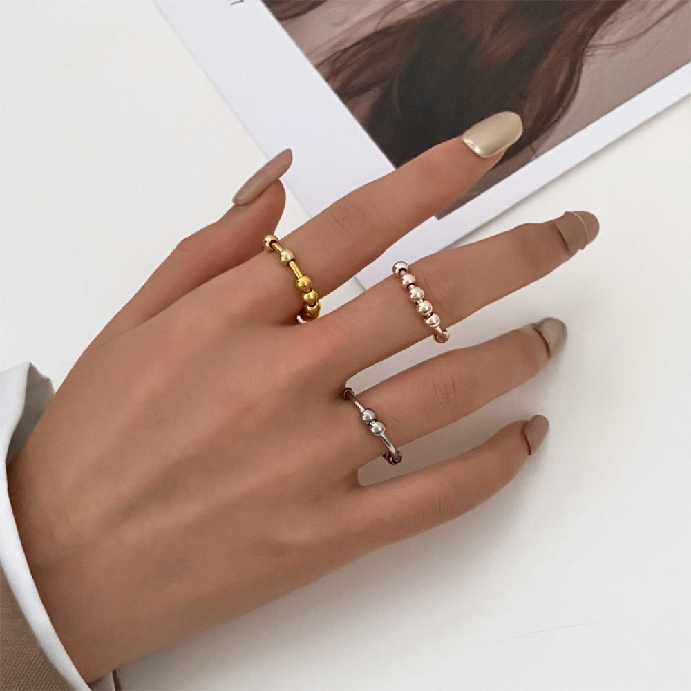 Simple Stainless Steel Beaded Adjustable Spinner Ring