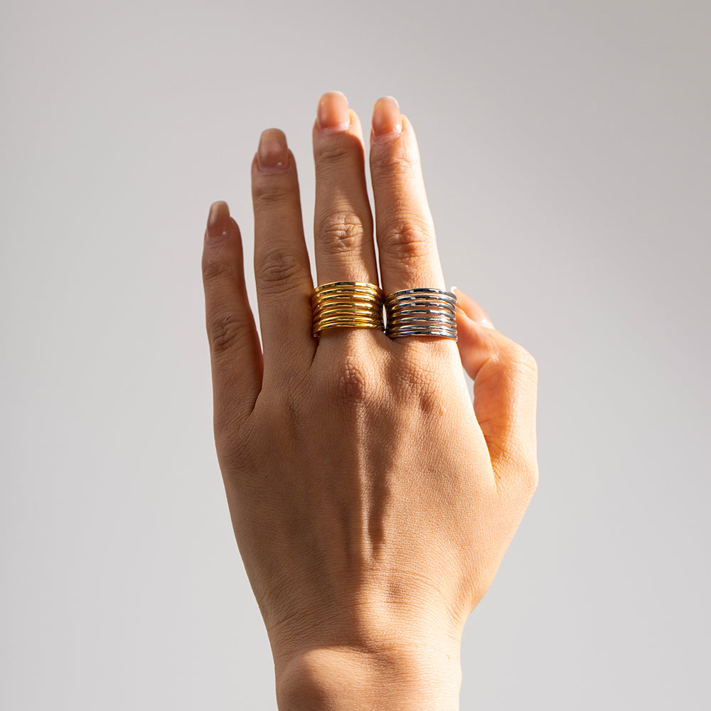Minimalist 18K Gold Plated Stainless Steel Multi-Layer Textured Rings