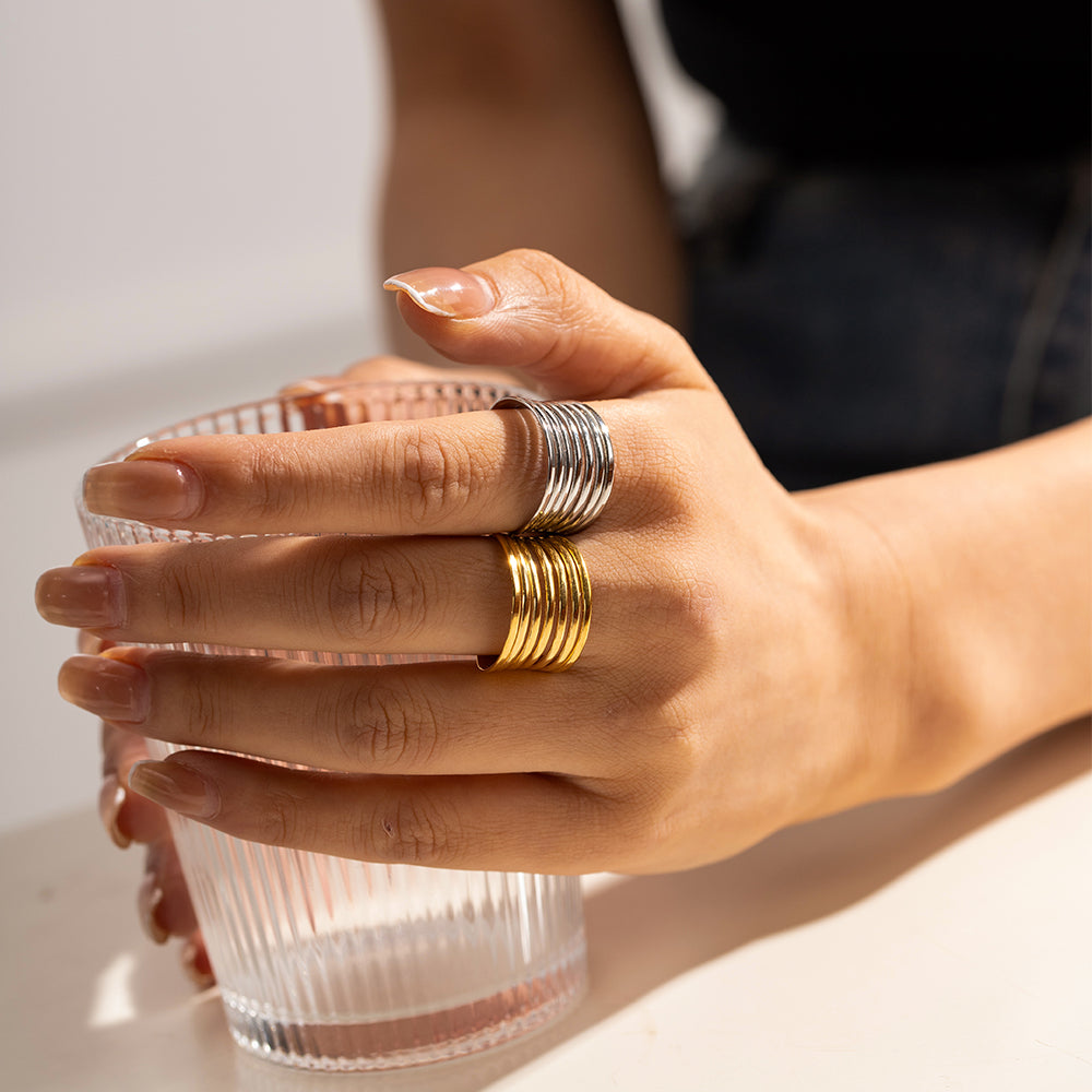 Minimalist 18K Gold Plated Stainless Steel Multi-Layer Textured Rings