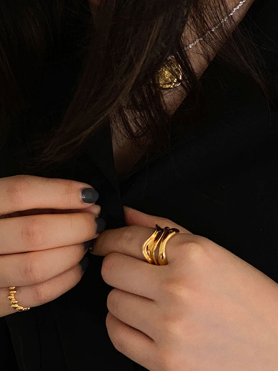 Minimalist Geometric Wave Open Ring in Gold Plated 925 Sterling Silver