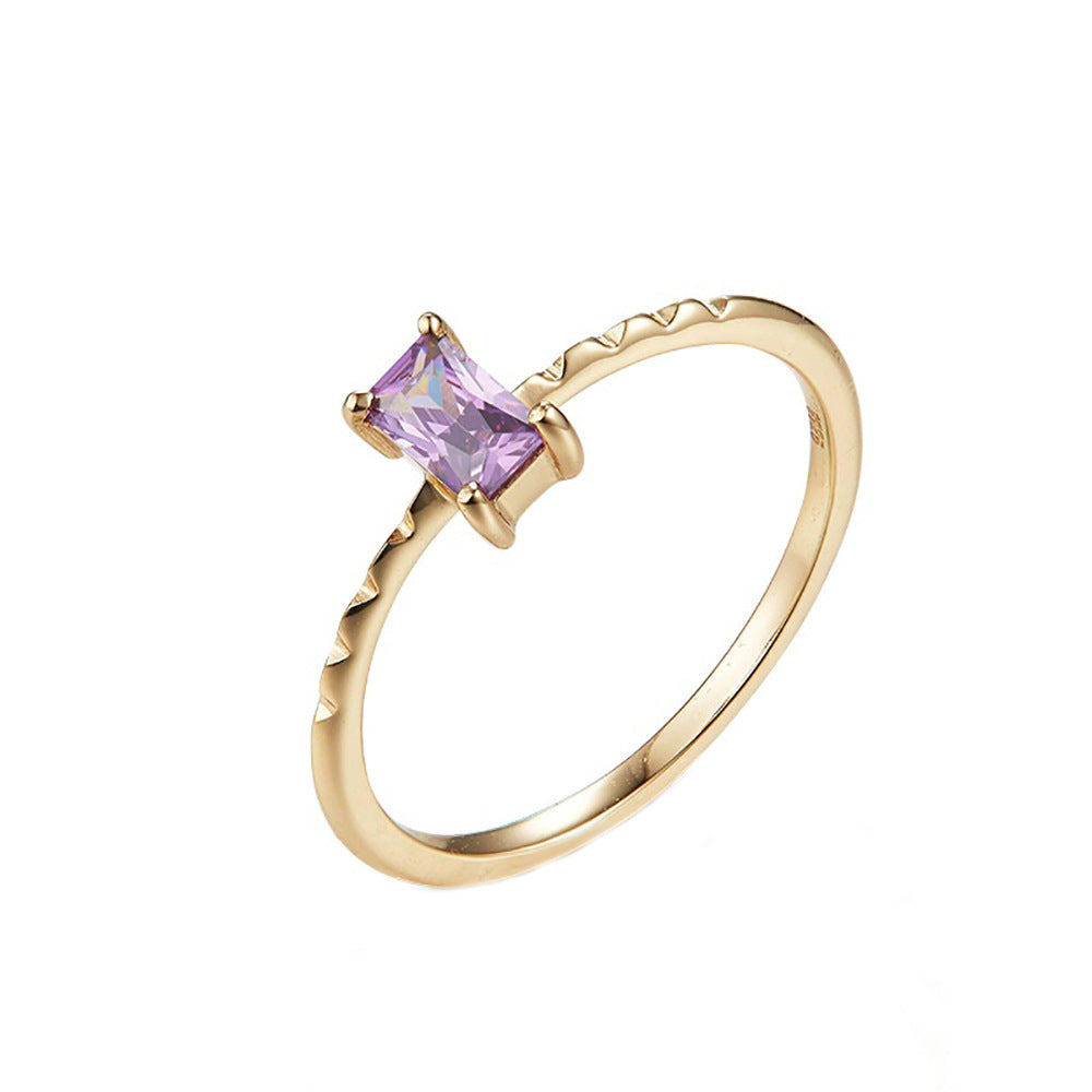 Simple Square Sterling Silver Crystal Inlay Ring - 14k Gold Plated Purple Gemstone Design