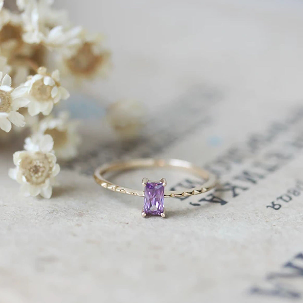 Simple Square Sterling Silver Crystal Inlay Ring - 14k Gold Plated Purple Gemstone Design