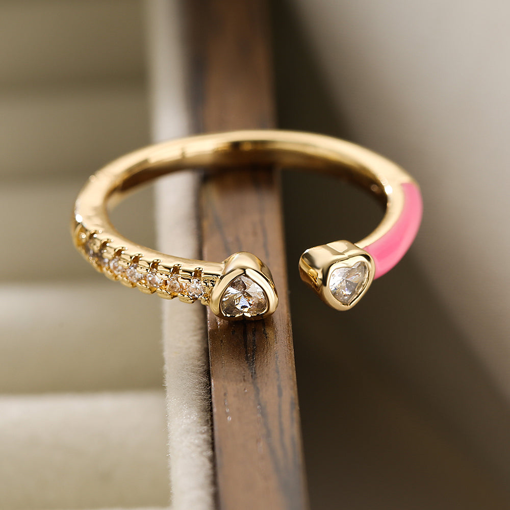 Simple Heart Shape Zircon 18K Gold Plated Open Ring - Minimalist Design Fashion Statement Ring