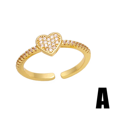 Simple Style Streetwear Love Heart Shape Copper Plating Inlay Zircon 18K Gold Plated Open Rings