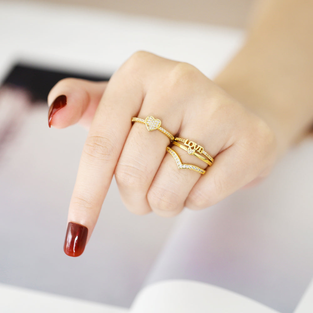 Minimalist Heart & Bow Zircon 18K Gold Plated Open Ring