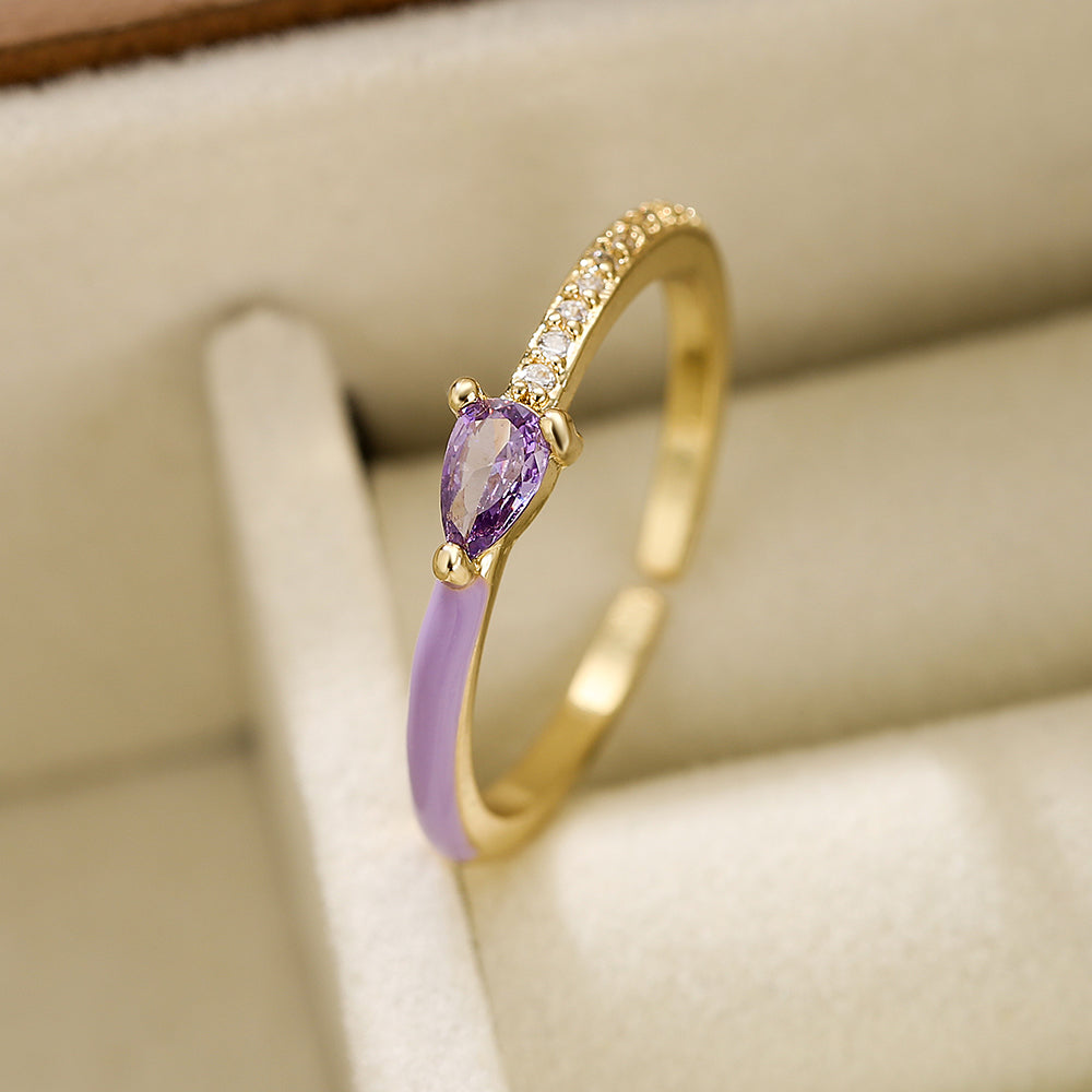 Minimalist Heart & Water Droplet Zircon Adjustable Open Ring in 18K Gold Plated Copper