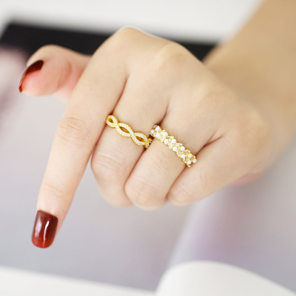 Simple Style 18K Gold Plated Open Ring with Artificial Pearls and Zircon