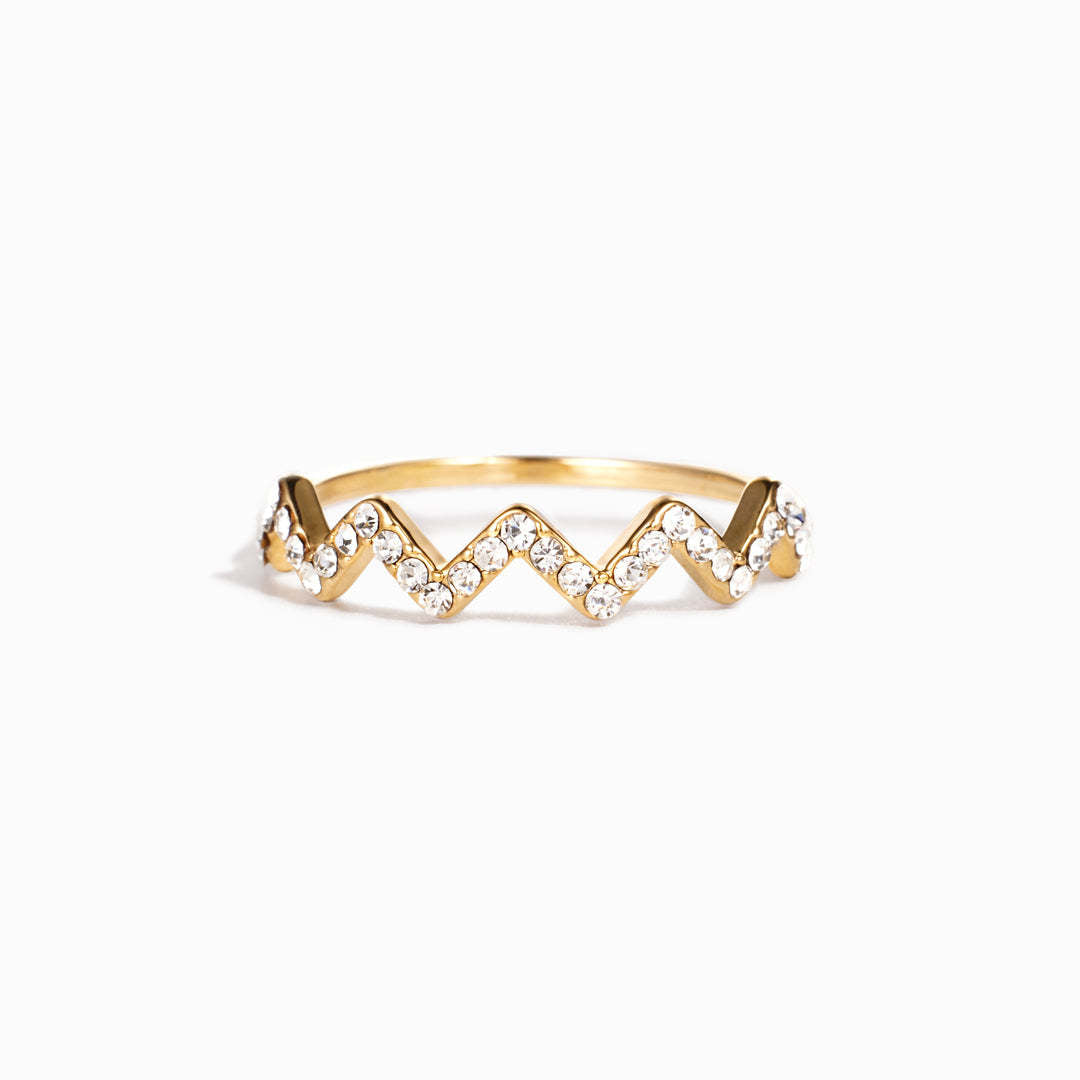 Simple Style Sterling Silver Zircon Wave Ring with 18k Gold Plated Electrocardiogram Design