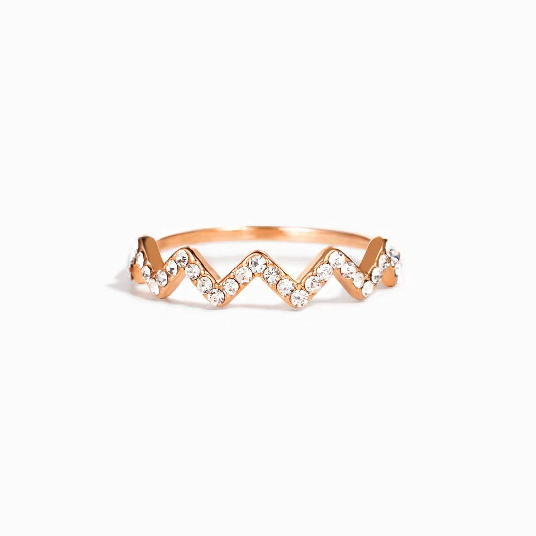 Simple Style Sterling Silver Zircon Wave Ring with 18k Gold Plated Electrocardiogram Design