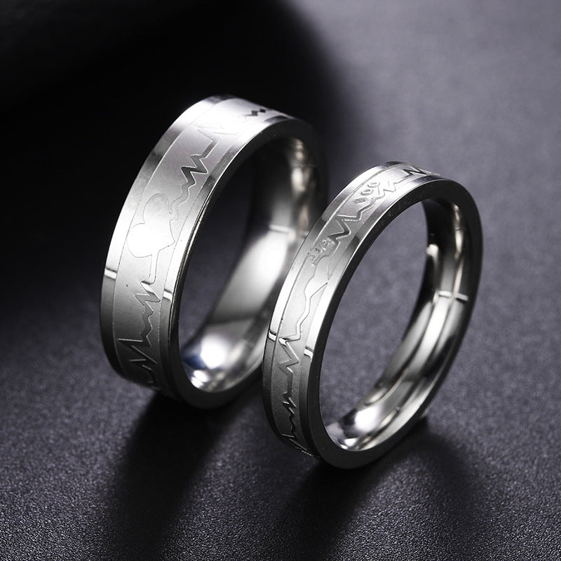 Simple Titanium Steel Electrocardiogram Couple Rings Set