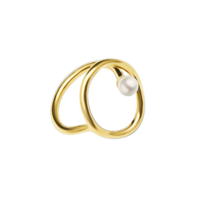 Simple Geometric Pearl Titanium Steel Ring with 18k Gold Plating